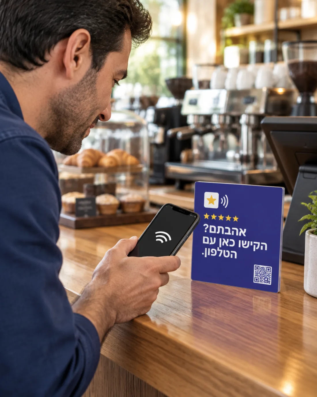לקוח מצמיד את הטלפון ללוח ReTap על דלפק בית קפה